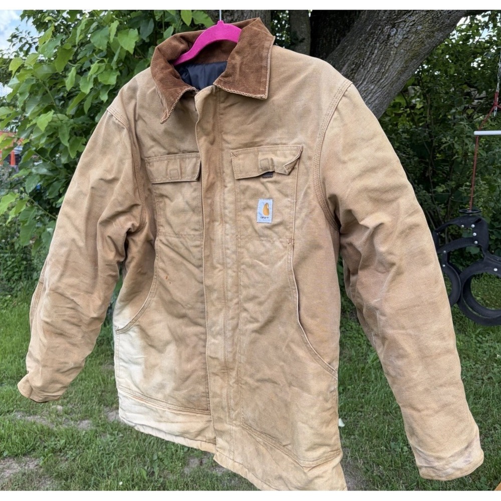 Vtg Carhartt Canvas Work Jacket Corduroy Collar Quilted Lined Tan Coat Small